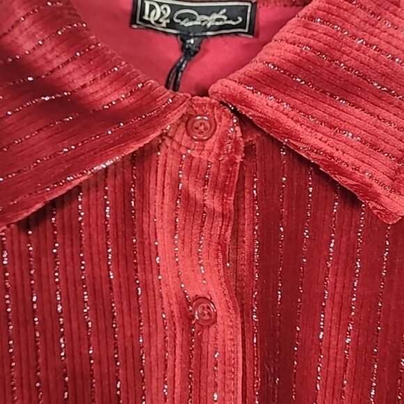 NWT DG2 Velvet Button Up Shirt 2X Red Silver Thread Holiday Glam Long Sleeve - Picture 5 of 14